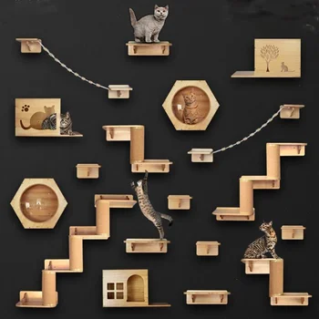 Настенные полки для кошек и веревочная лестница Когтеточка для мебели для кошек Деревянная платформа для прыжков, на которой котенок играет и спит.