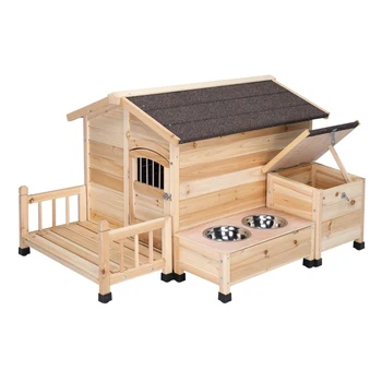Деревянный открытый собачий домик Для домашних животных, укрытие в стиле хижины, Асфальтовая крыша водонепроницаемая, С крыльцом, миской для кормления, Ящиком для хранения, натуральным