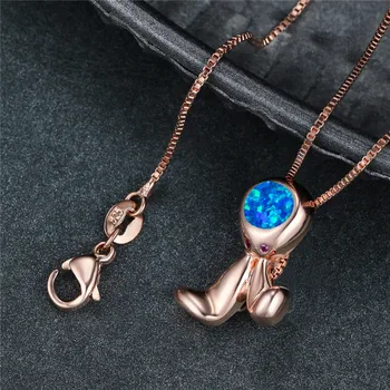 Милое женское ожерелье с подвеской в виде маленького кролика, Бело-голубое ожерелье с животными из опалового камня, Розовое золото, серебряные ожерелья-цепочки для женщин