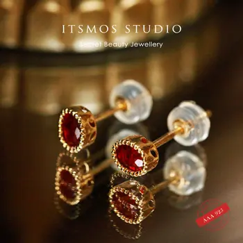 ITSMOS s925, серебряные серьги-гвоздики с овальным гранатом, геометрические серьги, Нежные, изысканные, роскошные, Элегантные украшения для пирсинга для женщин