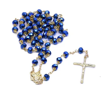 Голубые хрустальные четки, ожерелье с подвеской в виде Креста Иисуса, ожерелье для женщин, Религиозные католические украшения для молитв, благословения