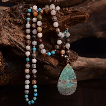 Женское модное ожерелье в стиле бохо ручной работы, сочетание натуральных камней, крупное ожерелье с каплевидной подвеской, ожерелье из лариата, богемное ожерелье с узлом