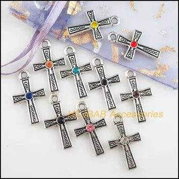 20 Новых подвесок в виде креста из тибетского серебра в стиле ретро со смешанными кристаллами 16x26,5 мм