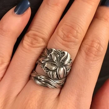 Большое посеребренное кольцо с тигровой лилией, кольцо с цветочным узором ручной работы, кольцо для нее, подарки на годовщину вечеринки, Винтажные женские украшения