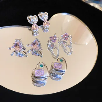Новые романтические ювелирные изделия серебристого цвета, серьги-гвоздики с розовым цирконием в виде сердца