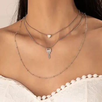 docona Fashion Geometry Подвеска в виде ключа любви, многослойное ожерелье, женские простые металлические бусины, 3-слойное ожерелье, богемные украшения