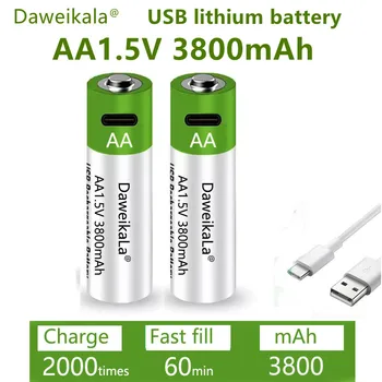 Быстрая зарядка литий-ионного аккумулятора 1,5 В типа АА емкостью 3800 мАч и перезаряжаемого через USB литиевого аккумулятора USB для игрушечной клавиатуры