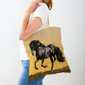 Повседневная хозяйственная сумка для леди с лошадью, многоразовый холст с двусторонним принтом, модная дорожная сумка с дикими животными для женщин, сумки для покупок