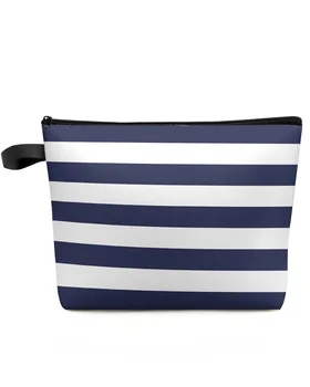 Темно-синяя в белую полоску дорожная косметичка большой емкости, Портативная сумка для хранения макияжа, женский водонепроницаемый пенал