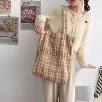 Женская сумка для покупок, дизайн списка покупок, женская милая клетчатая сумка через плечо, Эко-холщовая сумка, многоразовая сумка из полиэстера, Тканевая сумка-тоут