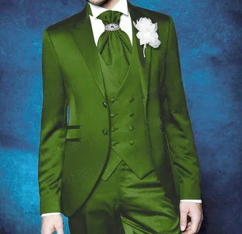 Блестящий дизайнерский мужской костюм для свадебной вечеринки, выпускного ужина, Формального смокинга жениха, Изготовленный на заказ Армейский зеленый приталенный блейзер, Жилет, Брюки 3шт.