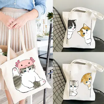 Настраиваемая сумка для кошек, большая вместительная хозяйственная сумка в стиле ретро в стиле хип-хоп в стиле харадзюку, холщовая сумка, забавная женская сумка через плечо