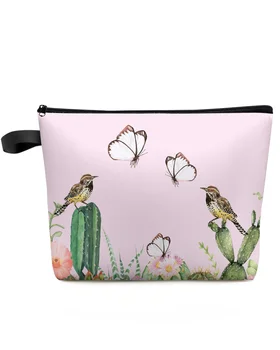 Бабочка птица цветок кактуса Весенняя дорожная косметичка на заказ, портативная сумка для хранения макияжа, женский водонепроницаемый пенал