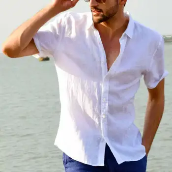 Летние повседневные рубашки для мужчин; льняная хлопчатобумажная рубашка с коротким рукавом; Masculina Camisa; Приталенная мужская блузка; Домашняя сорочка; Большие размеры для мужчин
