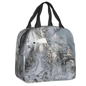 Серая мраморная текстура, абстрактные изолированные сумки для ланча для кемпинга, путешествий, современный геометрический кулер, термобокс для бенто, женщины, дети