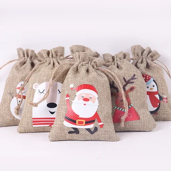 Маленькая льняная сумка для рождественских подарков, Мини-карман на шнурке, сумка с рисунком Санта-Клауса, Снеговика и Лося, С Рождеством, Декор, сумки для конфет
