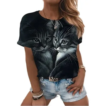Черная женская футболка с 3D принтом кота Kawaii, модная женская рубашка 2023, футболка, женская одежда, большой летний топ, бесплатная доставка