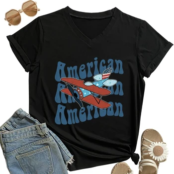 Футболки с 4 июля в Америке, футболки с изображением самолетов, Y2K, эстетическая одежда для женщин, летняя одежда в кавайном стиле с V-образным вырезом