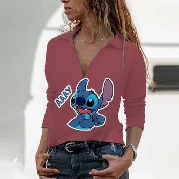 Женская футболка с отворотом, Весенне-летний Новый Модный мультяшный принт Disney stitch С V-образным вырезом и Длинным рукавом, Повседневный Мягкий Тонкий Топ