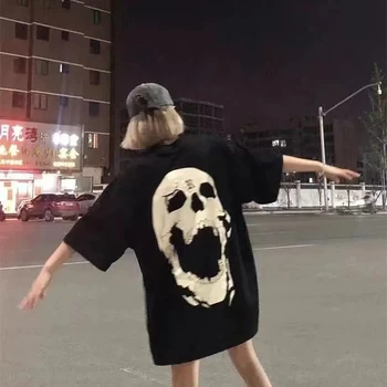 Хлопковая футболка с буквенным принтом в стиле панк-скелет в стиле Харадзюку, летний топ, футболка оверсайз, винтажная женская свободная рубашка, размер одежды, футболка