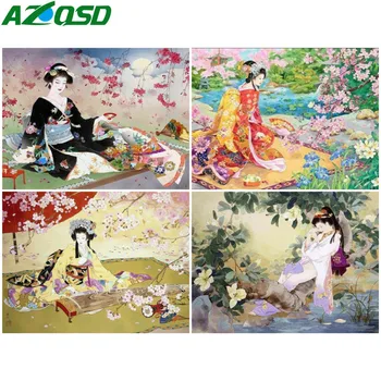 AZQSD Картина по номерам Японка, Рисующая на холсте, Сделай Сам, Рамка, Наборы рисунков по номерам, Современные подарки для настенного искусства