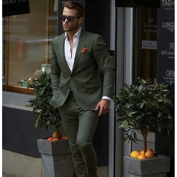 Повседневные Стильные мужские костюмы из 2 предметов (куртка + брюки), приталенный смокинг жениха, модный темно-зеленый свадебный роскошный комплект костюмов на заказ