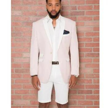 2020 Сшитый на заказ Бежевый мужской смокинг С белым отворотом Белые короткие брюки из 2 частей (пиджак + брюки + галстук) Смокинг в летнем стиле
