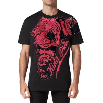 PLEIN BEAR Мужская Красная футболка SS King Tiger с кристаллами, Футболки из 100% хлопка, Мужские Топы, Удобные Футболки 920