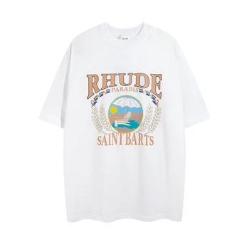23SS Высококачественная абрикосово-белая черная футболка Rhude, мужская Женская футболка, топы, одежда в стиле хип-хоп