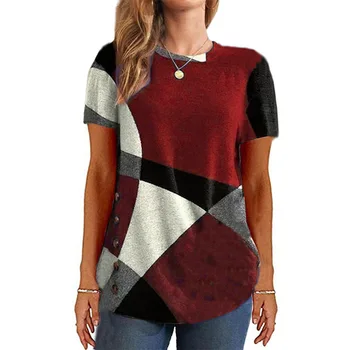 Женская верхняя весенне-летняя элегантная женская футболка с геометрическим контрастом на пуговицах 2023, свободная футболка с длинным рукавом и принтом