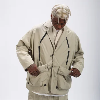 Модный мужской Брендовый Уличный костюм с несколькими карманами на молнии, Блейзеры, куртка, мужская уличная одежда Cityboy, Свободная рабочая одежда, пальто-карго