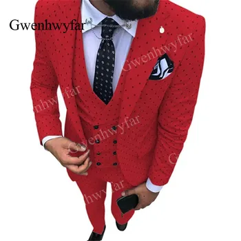 Gwenhwyfar 2019 Осень, 3 предмета, Красные Мужские смокинги с вырезами на лацканах, мужской костюм в горошек, Костюмы жениха Для свадьбы (блейзер + жилет + брюки)